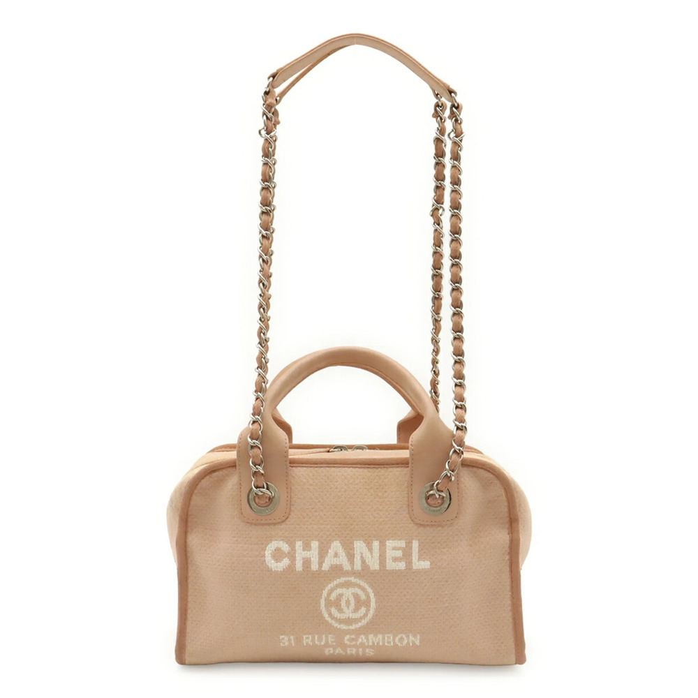 CHANEL Deauville Bowling Bag, Handbag, Chain Shoulder Canvas, Pink, A92749